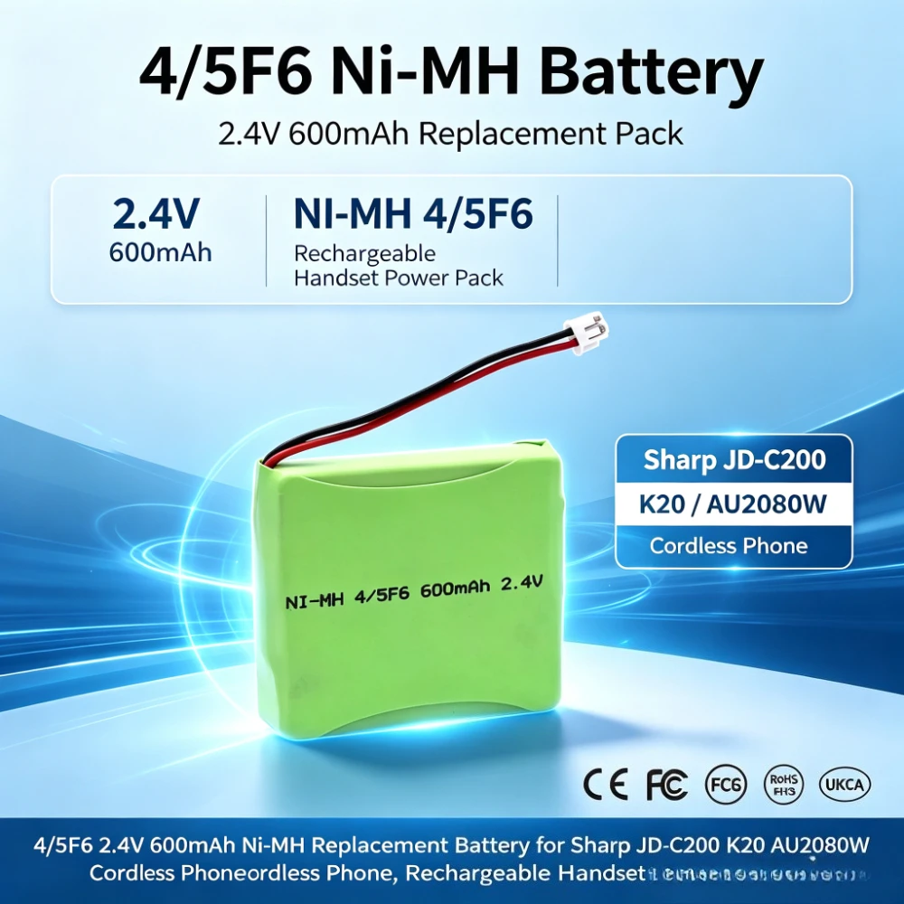 4/5F6 2.4V 600mAh Ni-MH Replacement Battery for Sharp JD-C200 K20 AU2080W Cordless Phone,  Rechargeable Handset Power Pack