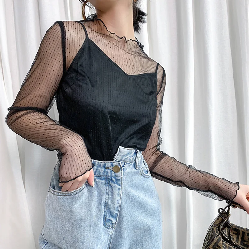 Long Sleeve Mesh Tops Transparent Lace Blouse Long Sleeve O Neck Sheer Tees Sunscreen Inner Wear Pullover Sexy Women Crop Top