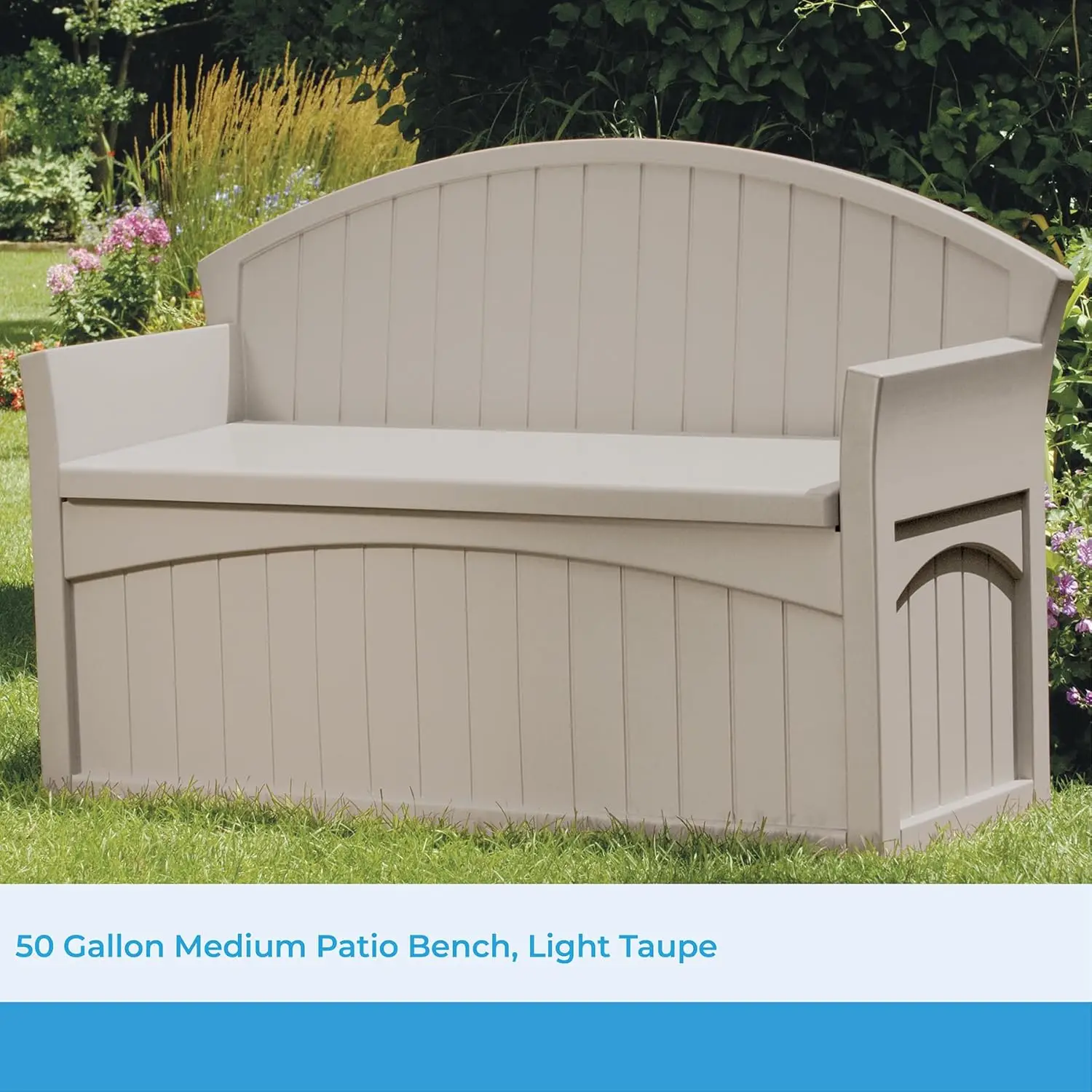 Gallon. Banc avec rangement, résine décorative, extérieur, terrasse, jardin, arrière-cour, idéal pour