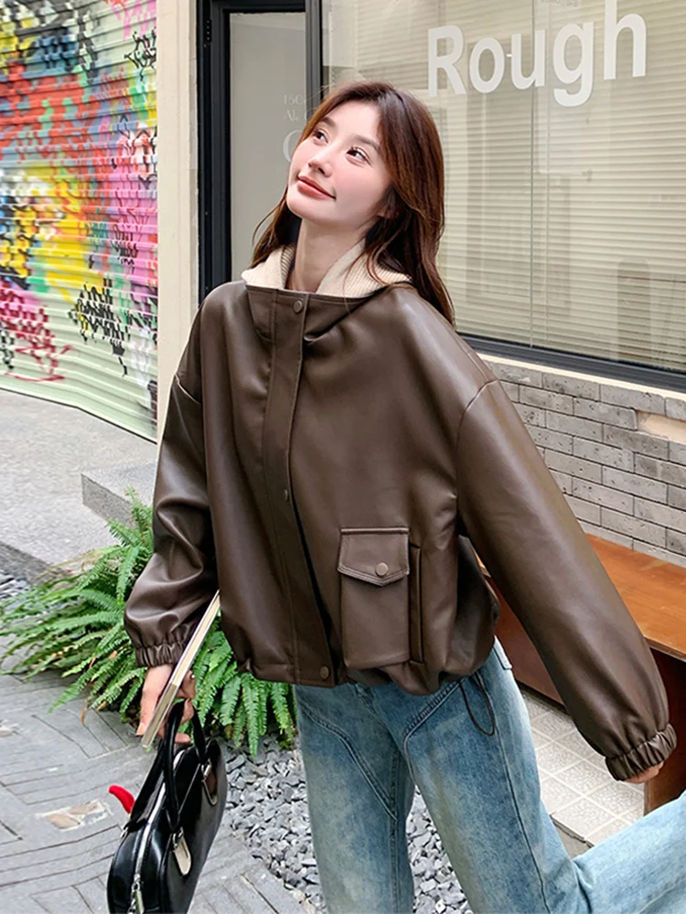 カラーブロフード付きPUレザージャケット女性用ort Sle秋の新作ファイオン小さいサイズアンチエイジングレザーコート