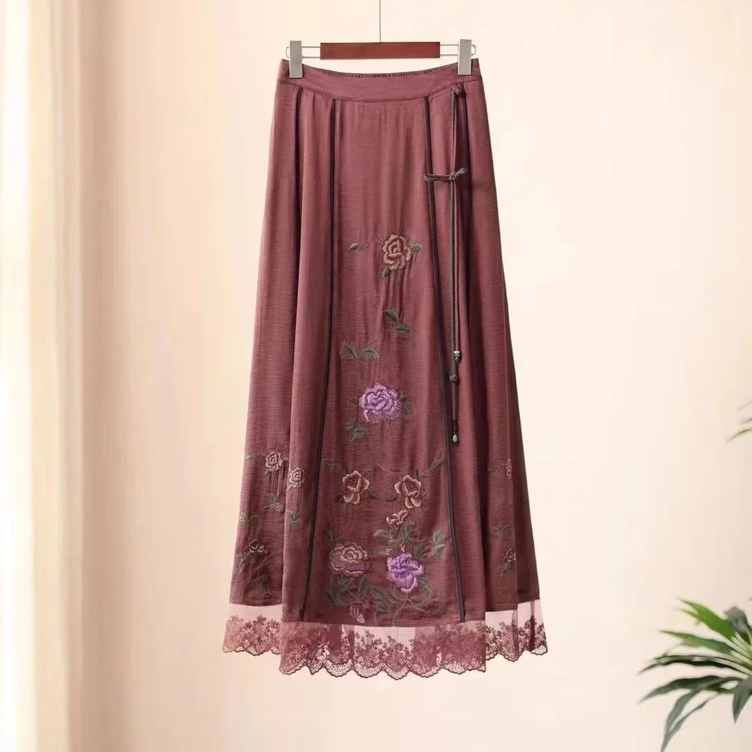 Women's Amber Brown Embroidered Long Skirt National Style Rayon Tulle Luxury A-Line Lace Lolita Skirt for Special Occasions