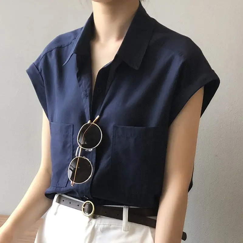 Retro Elegant Hong Kong Style Solid Color Short Sleeved Shirt Summer New Style Single Breasted Loose Youthful Wind Women\'s Top