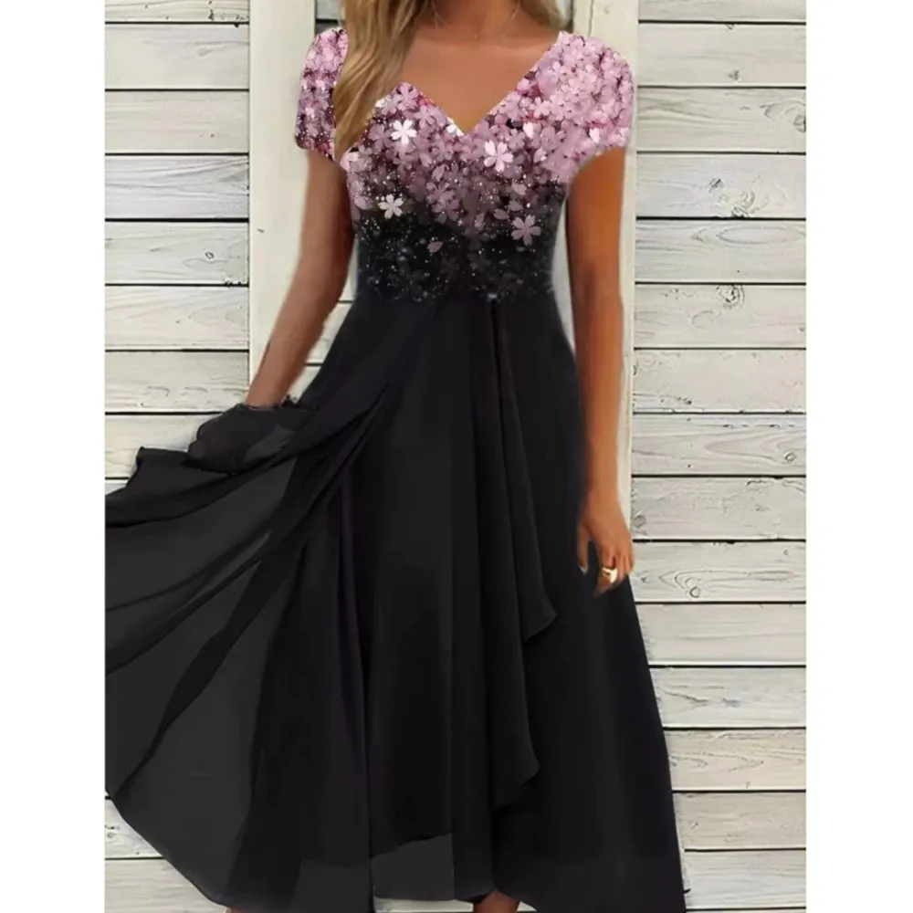 

Summer New Women's Fashion Chiffon Patchwork Print Sexy V-neck Casual Mid Length Short Sleeved Dress
