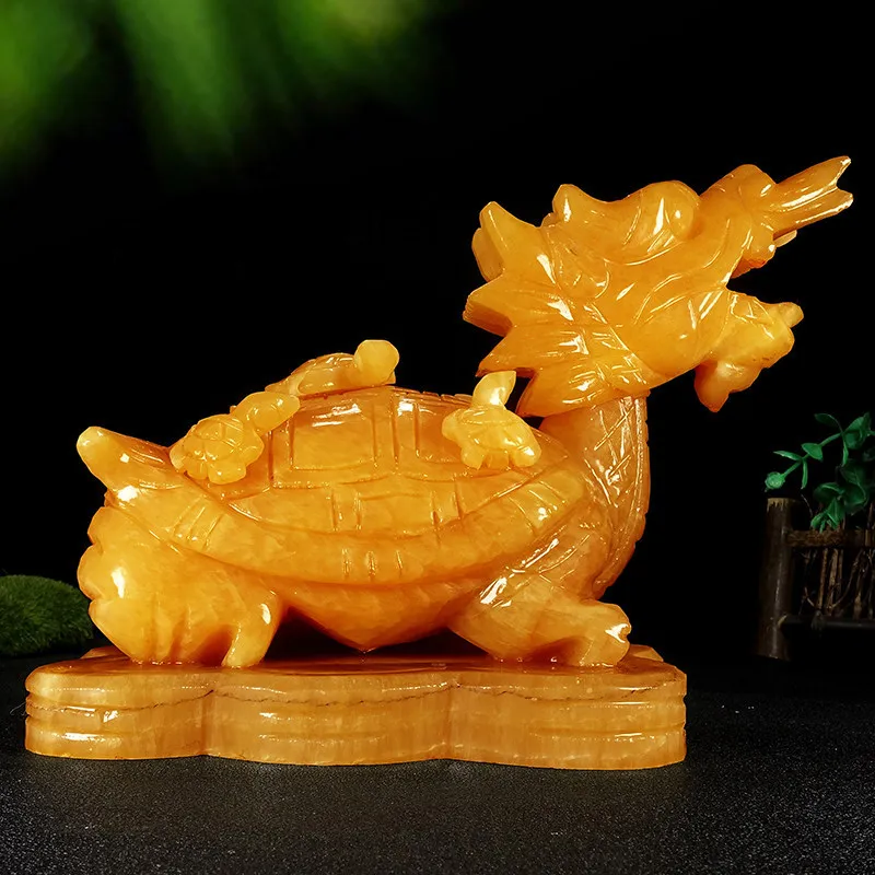 Natural jade beige jade fortune-bringing dragon turtle ornament, Chinese-style living room and office decoration
