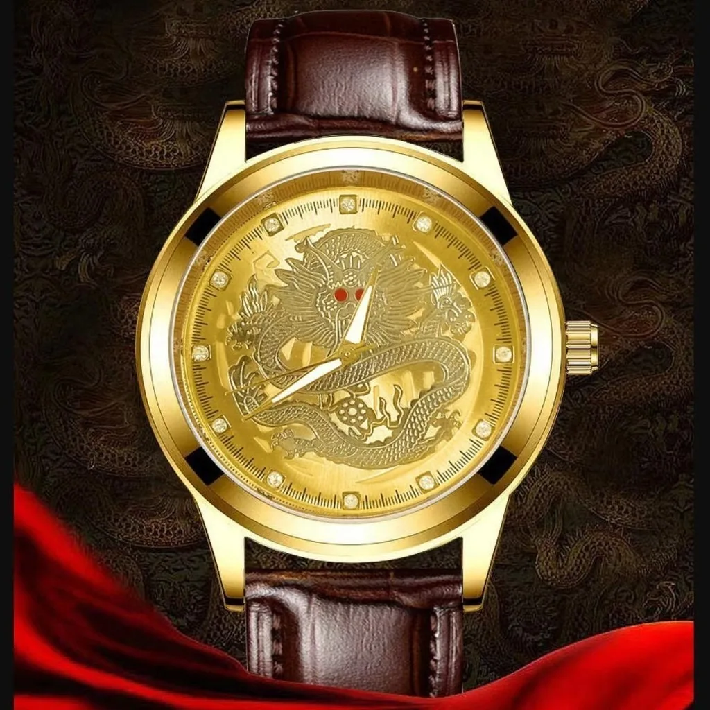 [Anillo GRATIS] Conjunto de reloj para hombre Reloj de cuarzo con correa de cuero y esfera de dragón dorado Reloj de negocios habitual de moda