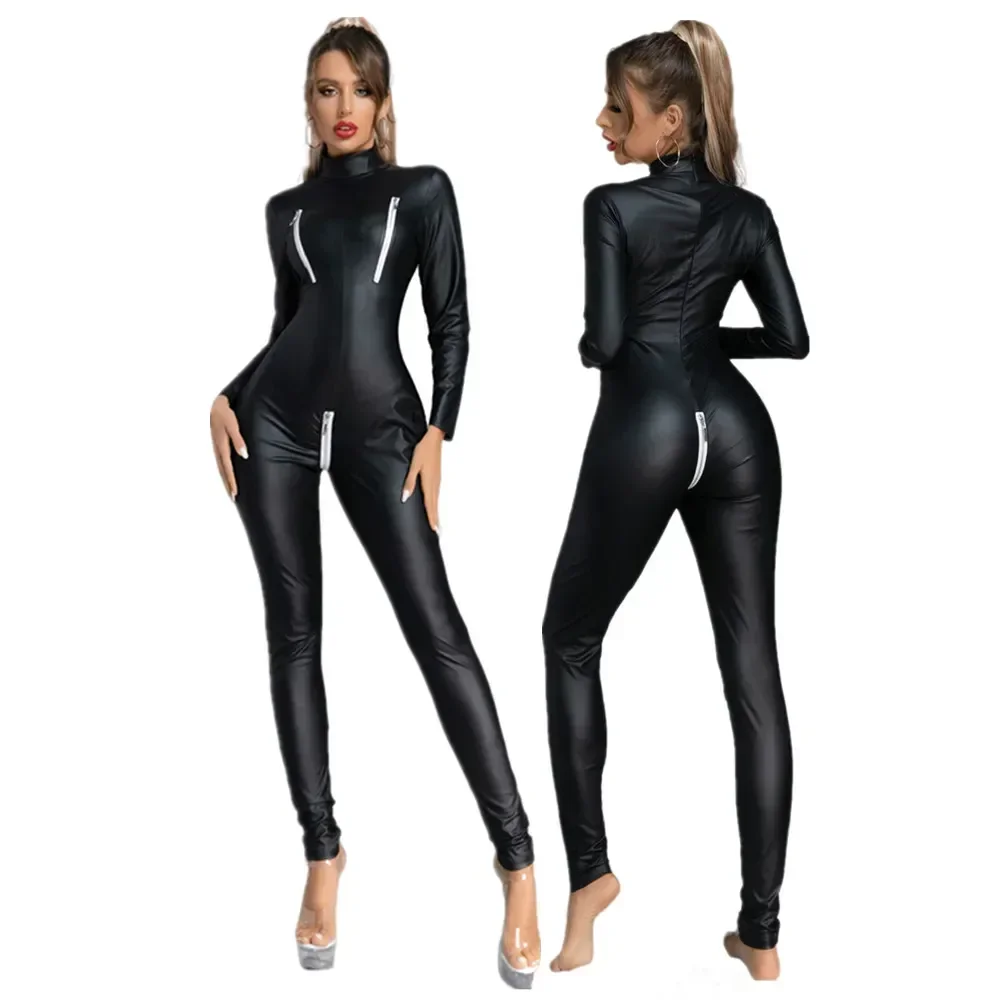 

Elastic PU Leather Long Sleeve Catsuit Tights Cosplay Bodysuit Conjoined Leotard Sexy Clubwear Lingerie Unitard Teddies Jumpsuit