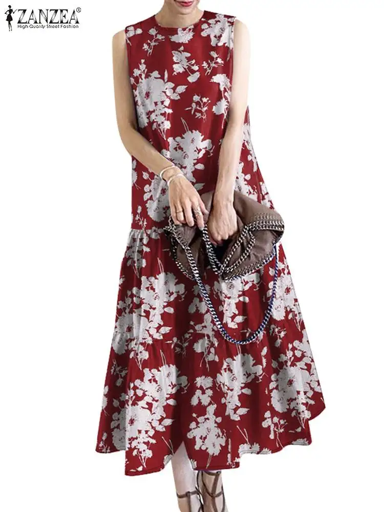 ZANZEA Summer Floral Printed Dress Women eleganti abiti da lavoro per feste Vintage Baggy Tanks Robe Bohemian O Neck prendisole senza maniche