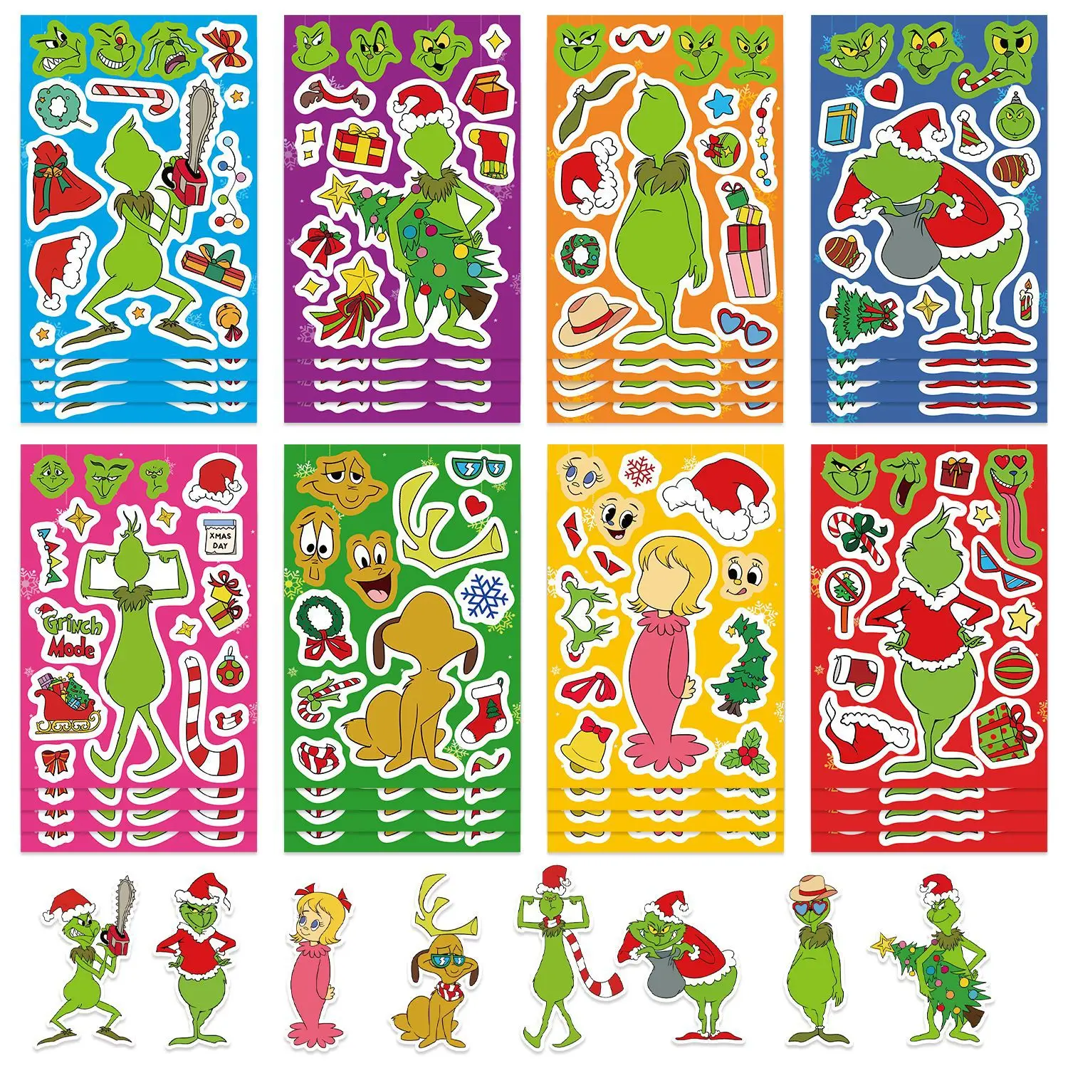 8/16PCS Cartoon Green Monster Make a Face Stickers, Waterproof Decals for Stationery Notebook Phone Laptop Guitar Luggage Helmet