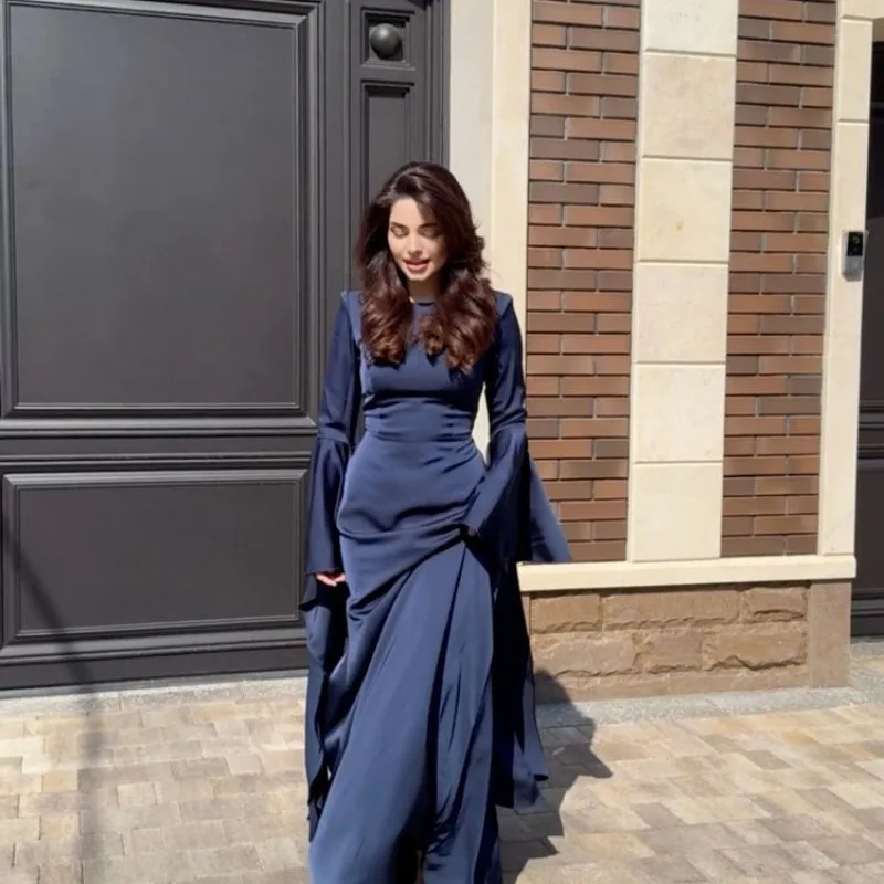 

Classic Arabic Evening Dress A Line High Neck Glitter Vestidos de Gala Elegant Big Swing Flowing Sleeve Formal Prom Robes
