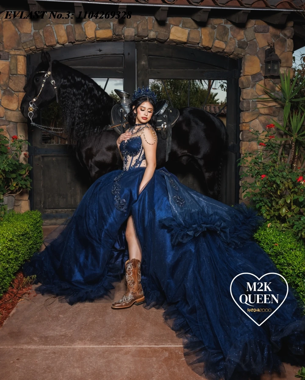 فستان Quinceanera لامع باللون الأزرق الداكن مخصص من EVLAST مزين بالخرز مع فيونكة متدرجة حلوة 16 فيستدوس دي 15 أنوس E3Q622