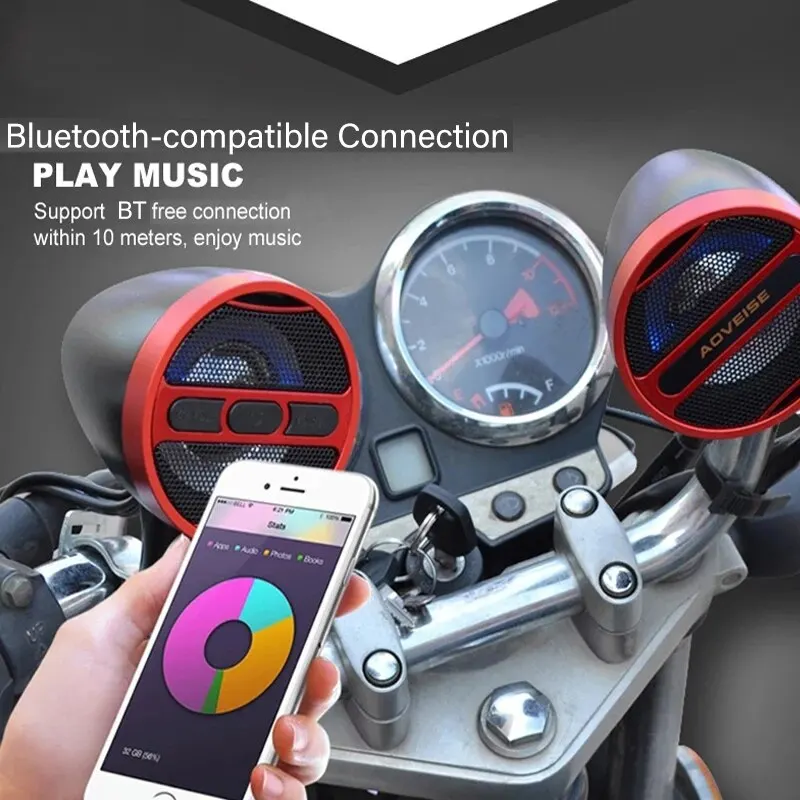 Moto Bluetooth-Compatible Haut-Parleur Étanche 12V MP3 Lecteur de Musique FM Radio USB Stéréo Pour 7/8-1.25 Guidon MT473/MT487