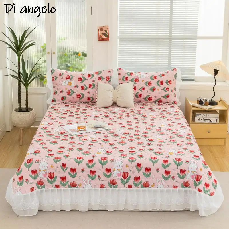 Cartoon Printing Thickened Bed Cover+Pillowcase, Quilted Positioning, Double Lace Quilting, Bed Skirt Sheet, Bedspread #/3 Pcs