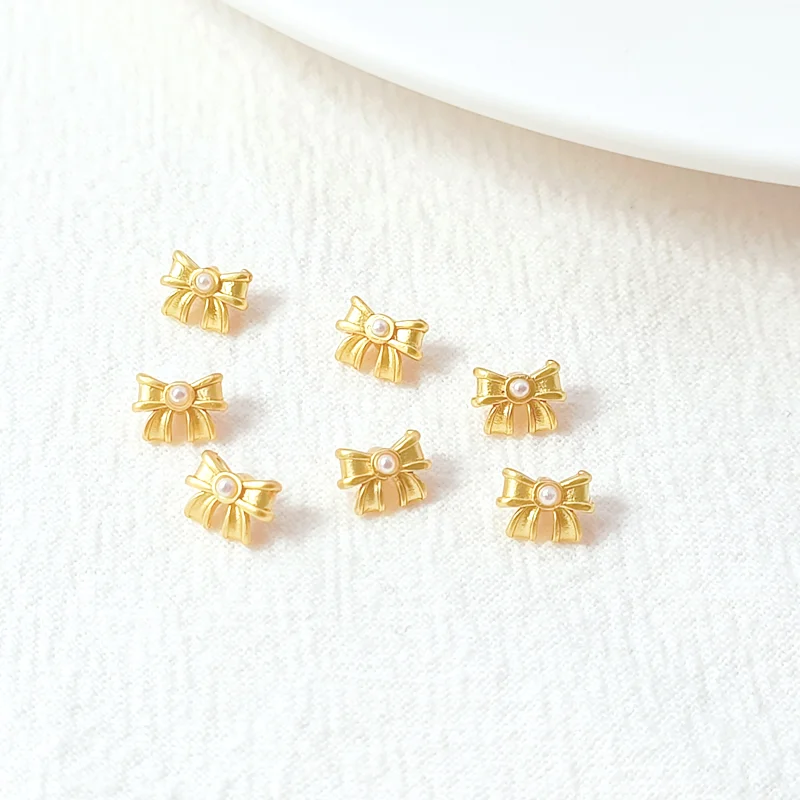 6 Pieces Matte Gold Mini Exquisite Simple Bow Tie Pearl Pendant Handmade DIY Bracelet Necklace Beaded Spacer Bead Accessories