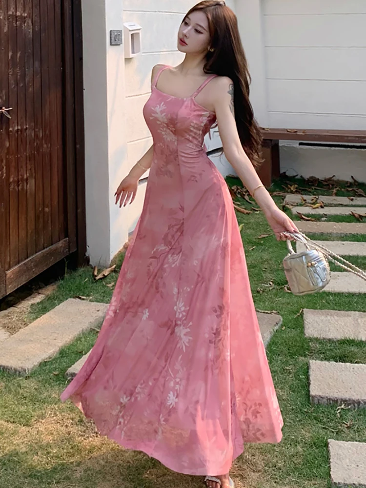 2025 Roze Mesh Bloemen Sexy Sling Lange Jurk Zomer Elegante Casual Vakantie Jurk Vrouwen Nieuwe Koreaanse Mode Bodycon Een Stuk Jurk