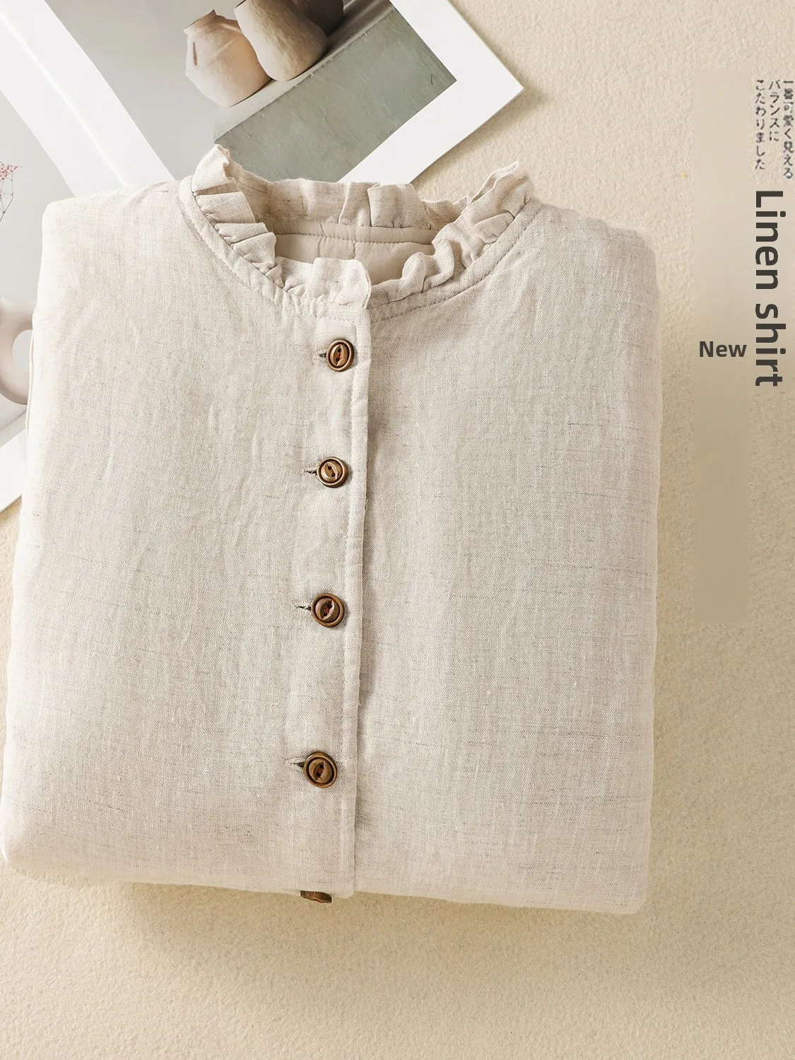 Artistieke Sle Katoen Jaet met Houten Kraag Pure Kleur Vlas Winter Nieuwe Collectie Dames Loose Fit Lange Sve Jas