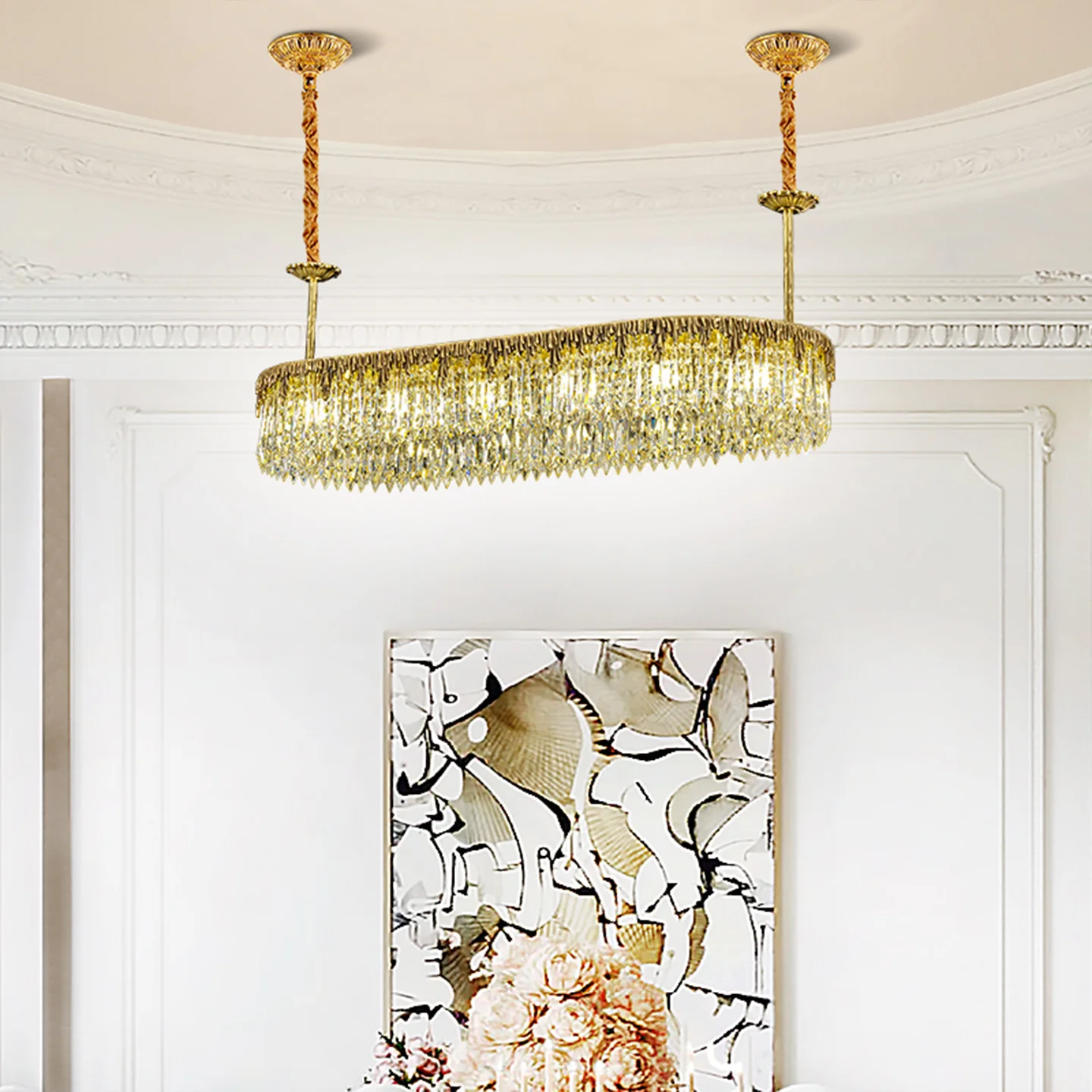 European Baroque Dining Room Study Luxury Crystal Pendant Light Banquet Hall Island Long Strip Brass Pendant Lamp