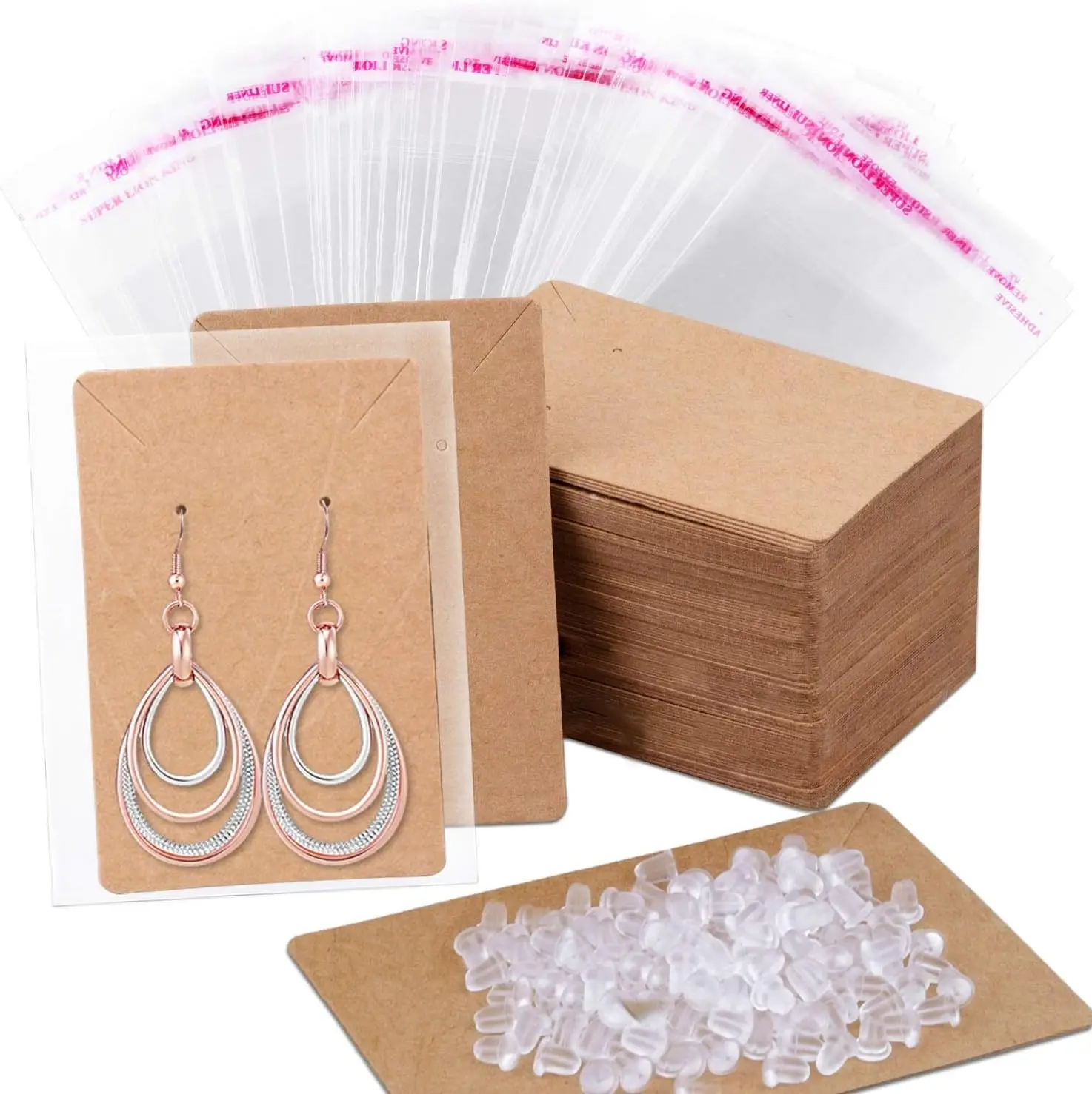 

100 Pcs Earring Display Cards with 200 Backs and 100 Bags for Jewelry, Kraft Color 3.5x2.4 Inches