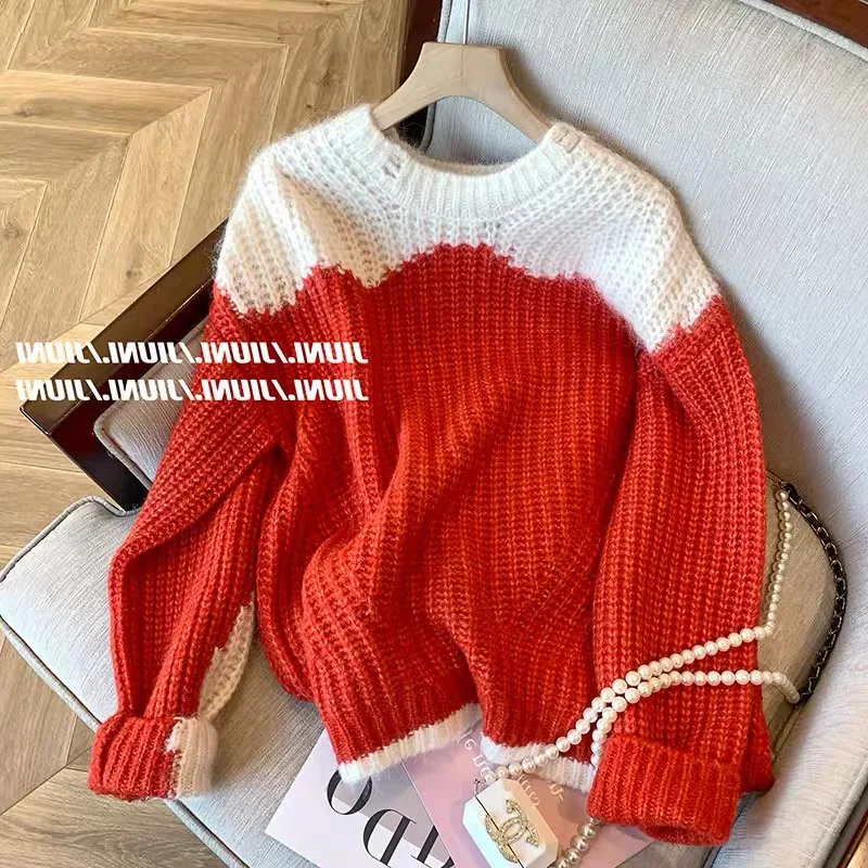 Women's Patchwork Red Knit Pullover Sweater Harajuku Y2k Korean Long Sleeves O-Neck Oversize Sweaters Vintage 2000s Clothes 2025