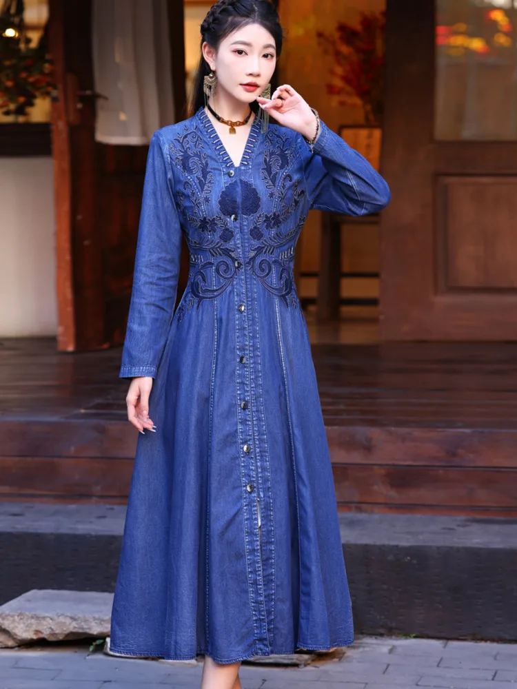 #2733 Spring Long Sleeve Denim Dress Women V-neck Embroidery Cardigan Front Button Shirt Dress Ladies Slim High Waisted A-line