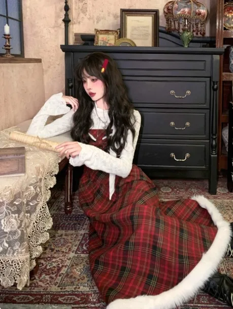 2025 الربيع والخريف خمر منقوشة قصيرة سترة سترة القوس عالية الخصر فستان بحزام أبيض كم طويل الداخلية ثلاث قطع مجموعة #4