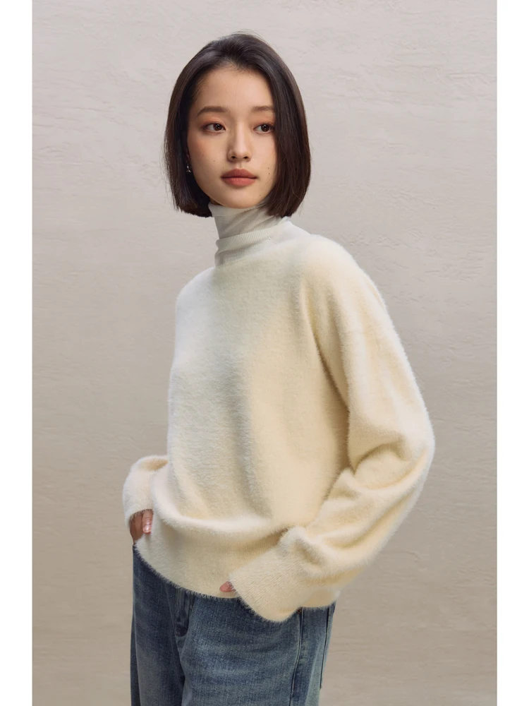 ZIQIAO Women Light Yellow Sweaters Faux Mink Wool Slash Neck Pullover Tops Gentle Style Female Winter Long Sleeve Top 23ZQ94209