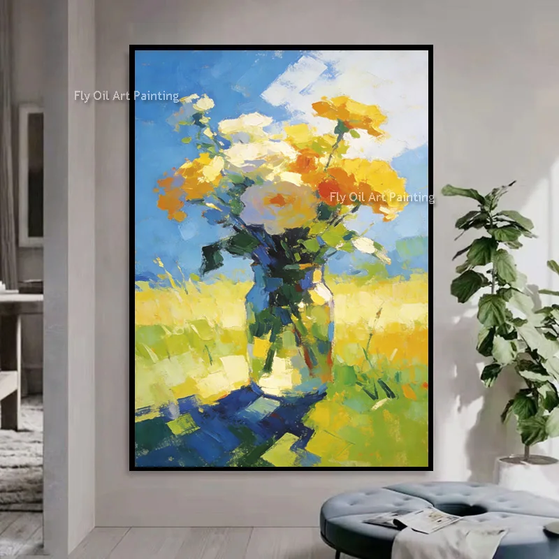 Specail Blue Peace Ocean White Cloud Sky Artwork Handpainted Orange Yellow Sunset Landscape Canvas Oil Painting For Home Decor