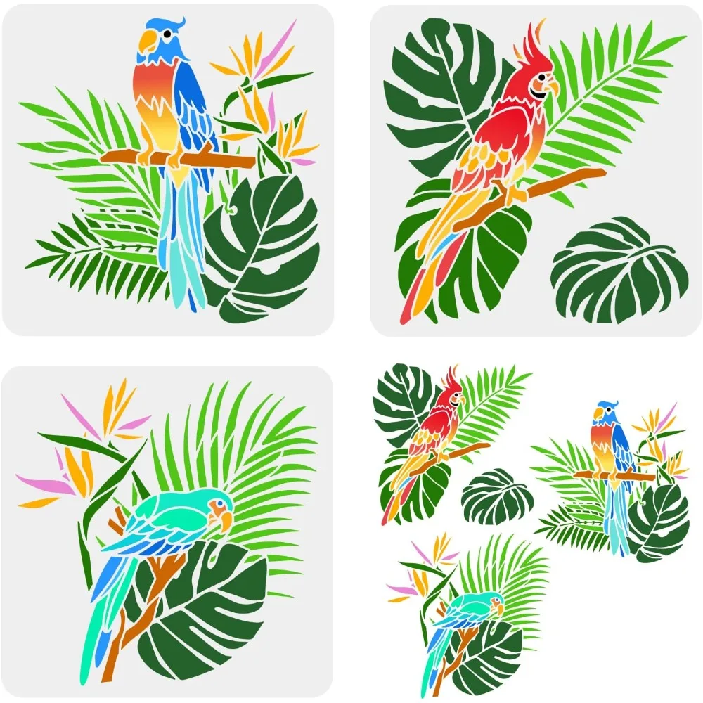 3Pcs Parrot Stencil 11.8x11.8 inch Animal Wildlife Macaw Bird Stencil Template Plastic Parrot Palm Leaf Flowers Pattern Painting