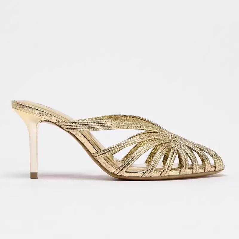 

New Luxury Designer Gold High Heel Slippers Women Fashion Closed Toe Thin Strap Hollow High Heel Sandals Ladies Comfortable Mule