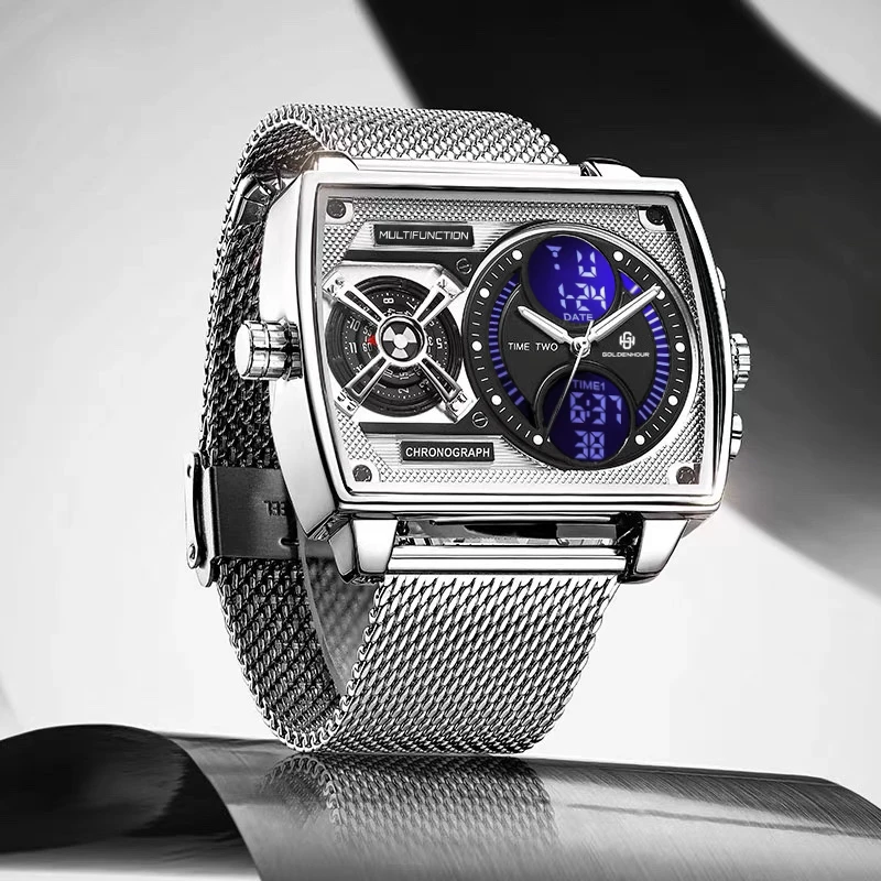 

Goldenhour Men's Luxury Watch Industrial Style Waterproof Quartz LED Digital And Analog Displays with Luminous Hands