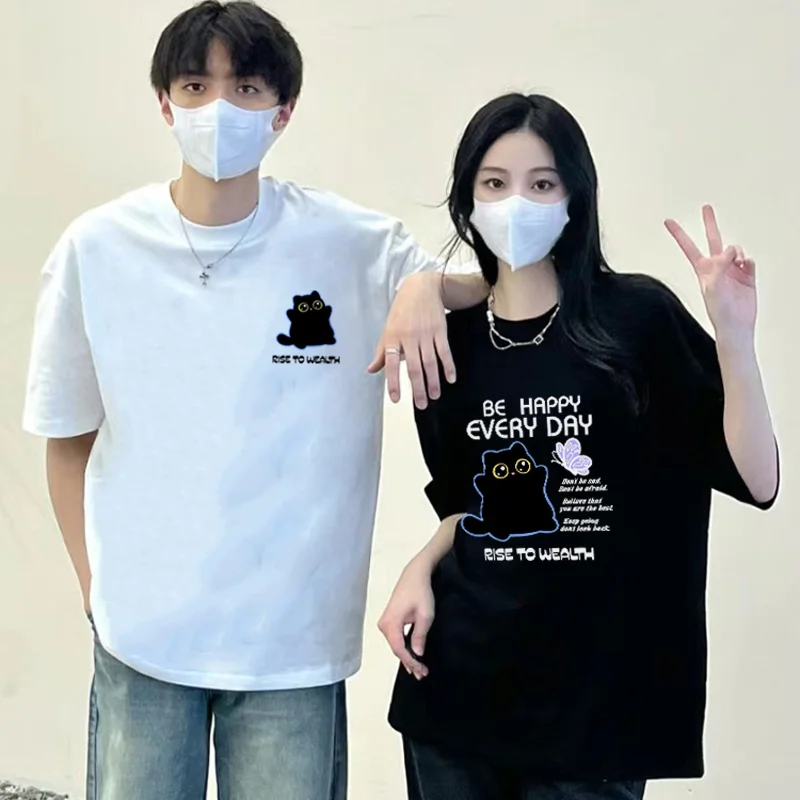 2024 Cartoon Happy Black Cat Graphic Print Summer Fashion Couple T-shirts Tee 240g Cotton Men Women Casual Short Sleeve Tshirts