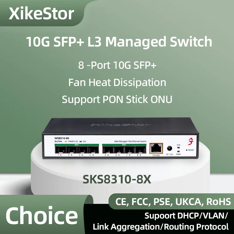 XikeStor 8 Ports 10G SFP+ L3 Managed Switch with Fan Heat Dissipation Support DHCP/VLAN/Port Aggregation/Link Aggregation