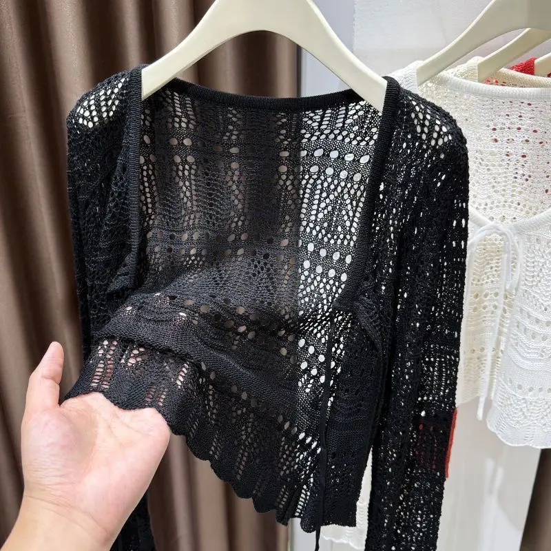 Elegant White Breathable Hollow out Knitted Cardigan Women's Summer Shoulder Shawl Sun Protection Strap Vest Outerwear
