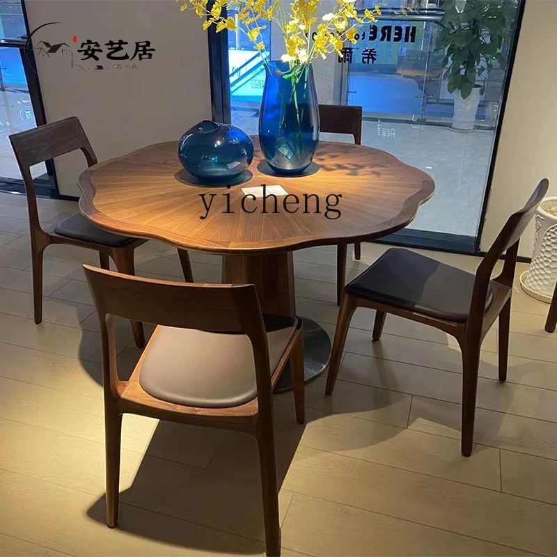 ZZ solid wood dining table round petal eating table Zen modern home black walnut dining chair combination