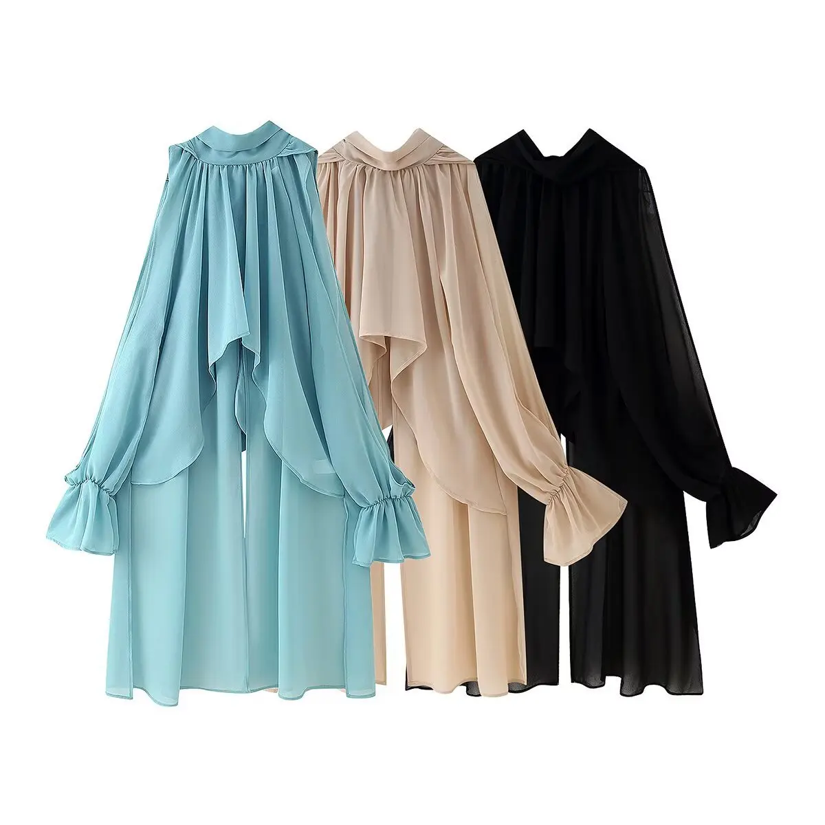 

Loose off shoulder long neck top Asymmetrical Stand Collar A-Line Blouse Loose Bared Chiffon Lantern Sleeve Hanging Neck Tee