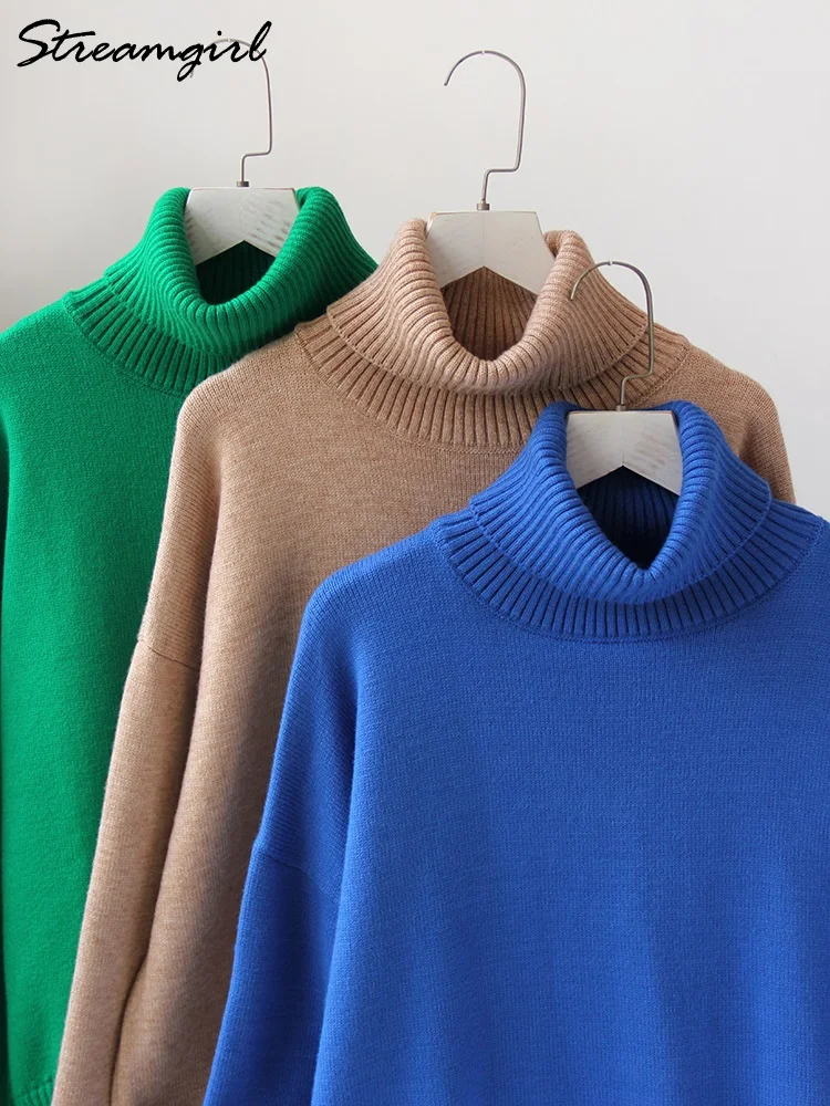 Blue Pullover For Women Turtleneck Sweaters Autumn Winter Thick Warm Knitted Loose Green Vintage Oversize Sweater Women  2022