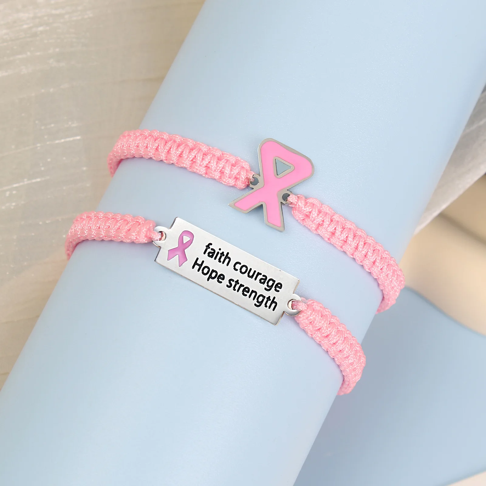 1 Pcs Pink Ribbon Braided Bracelets Breast Cancer Awareness Bracelet For Women\'S Female Breast Prevention Hand Lanyard Accessory