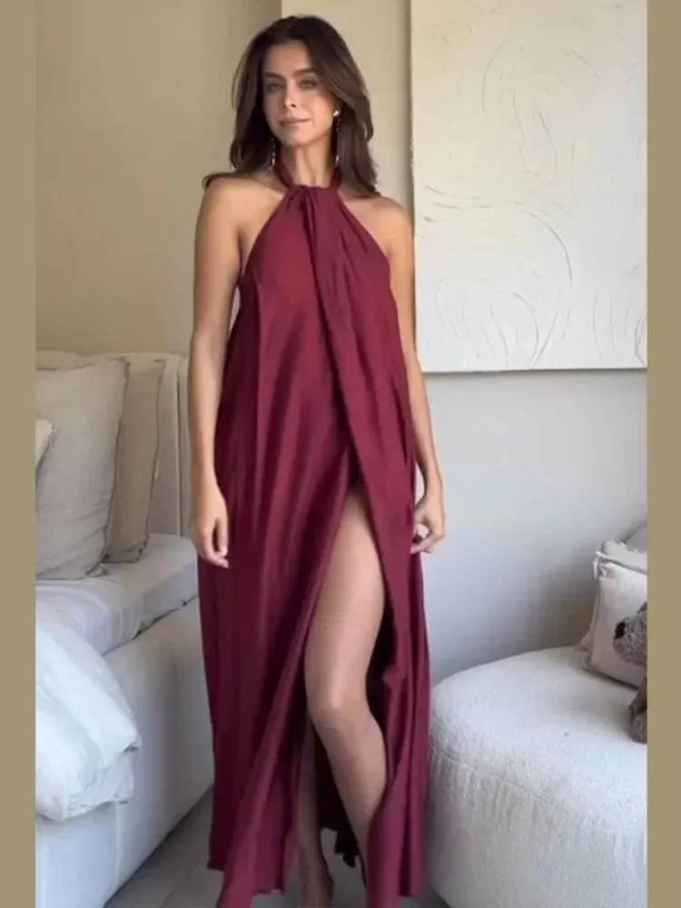 ผู้หญิง High Slit Halter SLIM FIT ชุดแฟชั่นจีบแขนกุดปิดไหล่ Backless Maxi Vestido Beach PARTY Wear