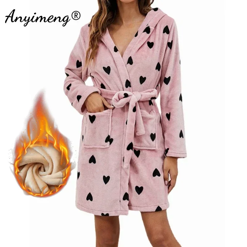 Winter Warm Womens Flannel Robes Casual Long Sleeves Kimono Hoodies Nightwear Leisure Soft Velvet Lingeries Chic Belted Bathrobe