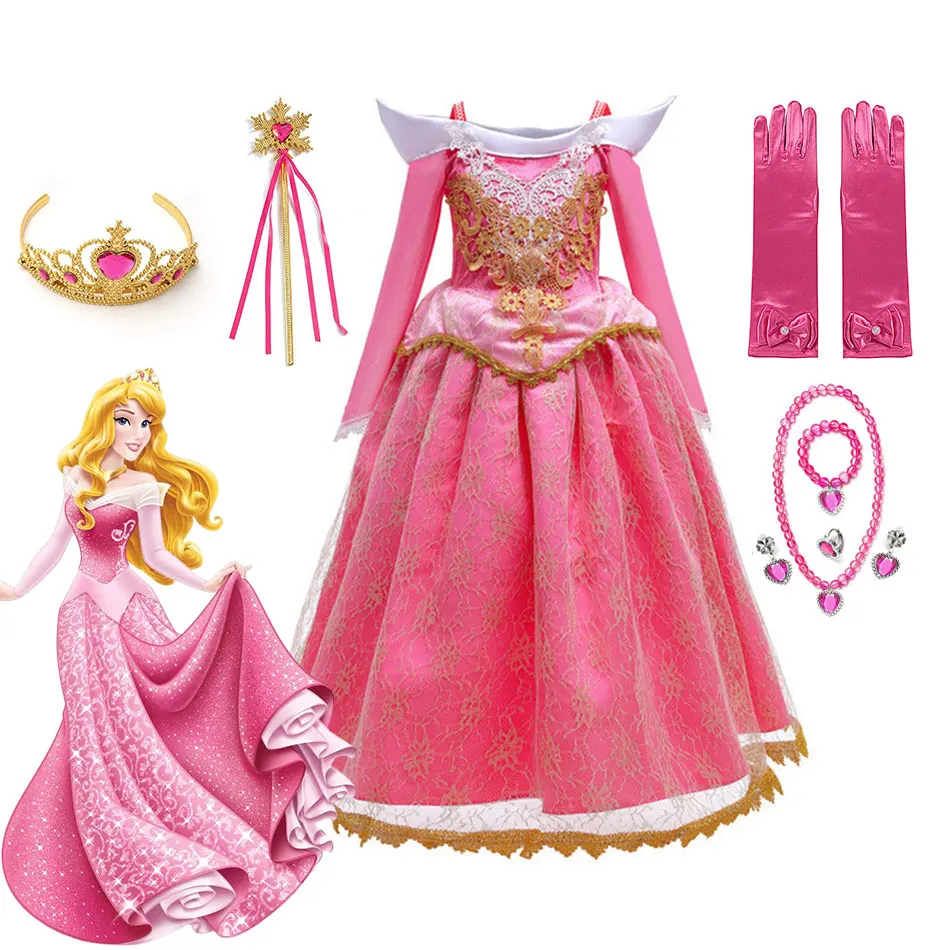 

Luxury Aurora Princess Ball Gown Kids Vintage Lace Party Dress Sleeping Beauty Cosplay Children Birthday Halloween Apparel Frock