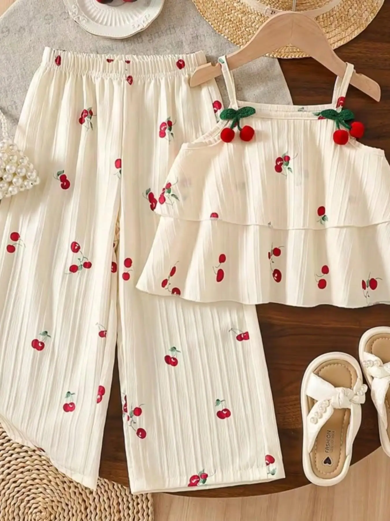 Girls Summer Cream Cherry Print Halter Top Set Cute Ditsy Floral Slim Fit Perfect for Daily Wear School Family Trips Park Walks