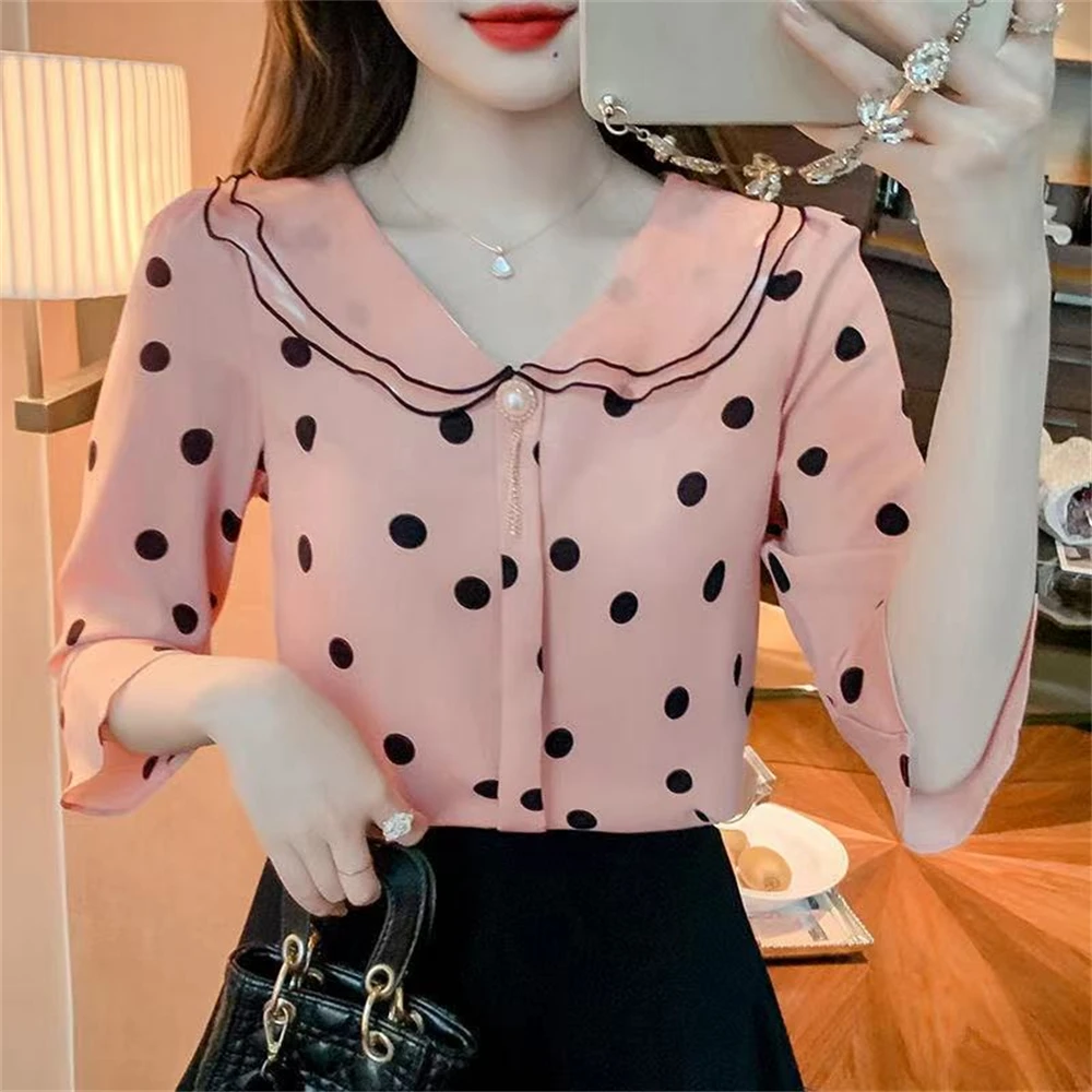 Horn sleeve Polkadot Brouse  ruffled polka dot shirt with three quarter sleeves for slimming and age reducing chiffon top