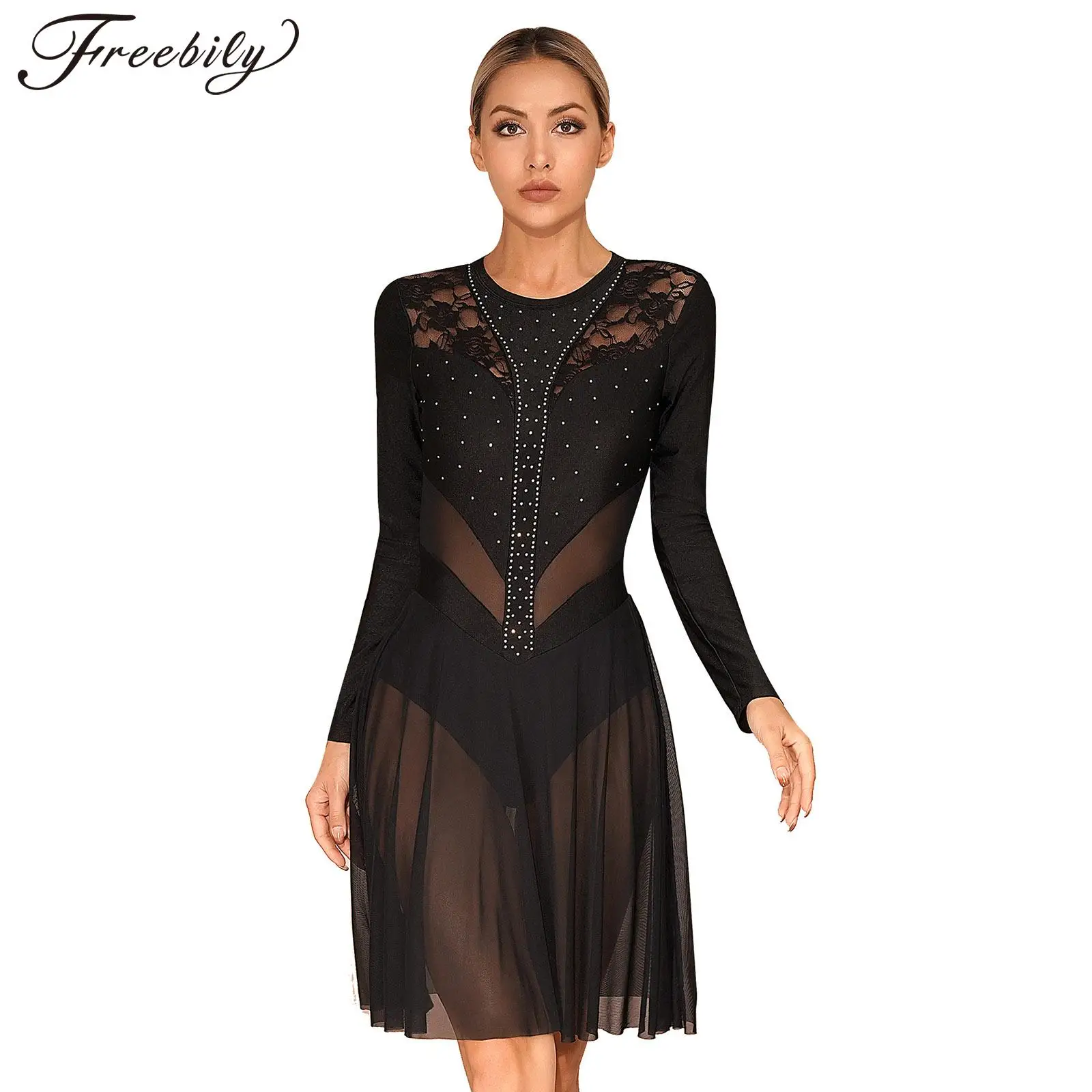 

Womens Lyrical Dance Dress Figure Skating Ballet Gymnastics Performance Costume Long Sleeve Lace Rhinestone Sheer Mesh Dresses