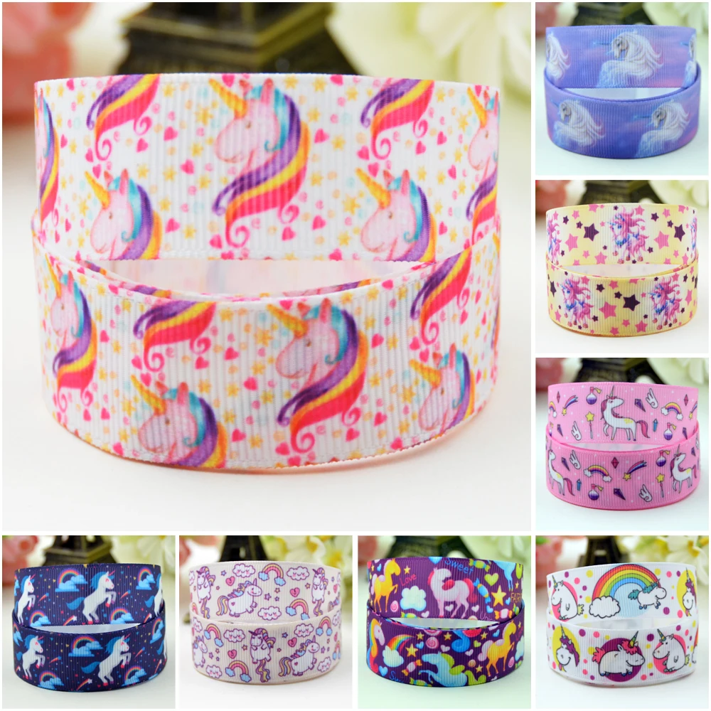 22mm 25mm 38mm 75mm Ruban satin Unicorn Cartoon Character printed Grosgrain Ribbon Hair Accessories party decoration 10 Yards