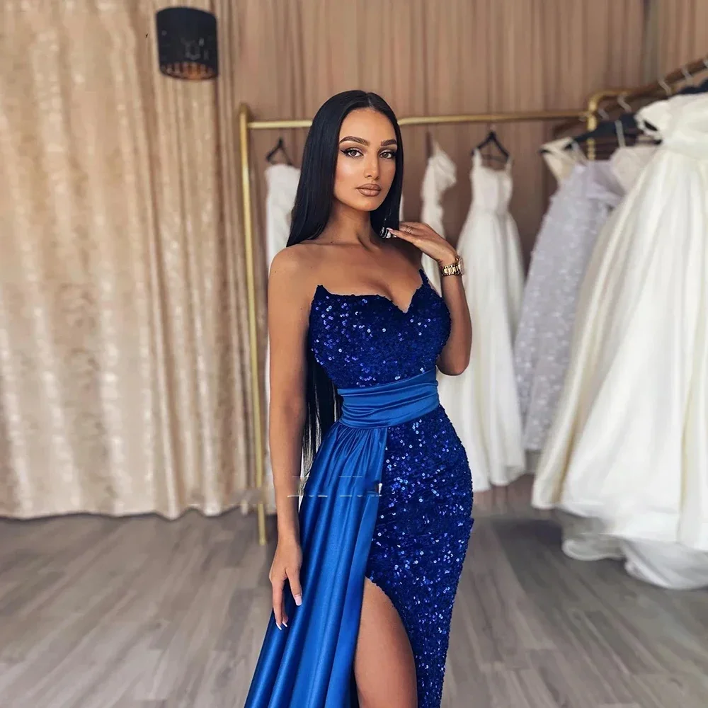 Customized Exquisite 2024 New Blue Strapless Sequined Manual Bead Sewing Evening Dresses For Women Sexy Gorgeous High Slit Part