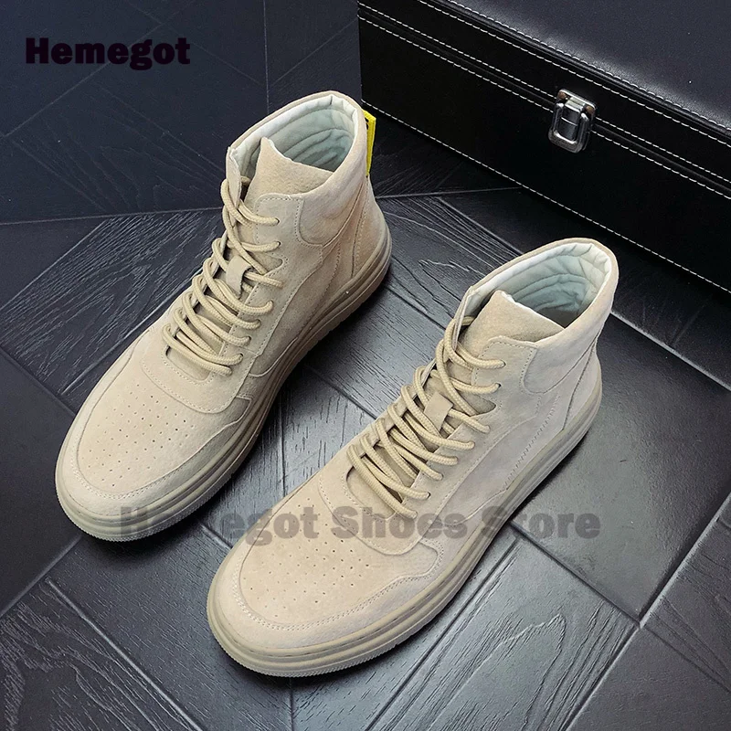 Khaki Frosted High Top Boots Men's Lace-Up Booties Work-Wear Hardwearing Boots Mid Top Handmade Thick-Soled Boots Men's Shoes