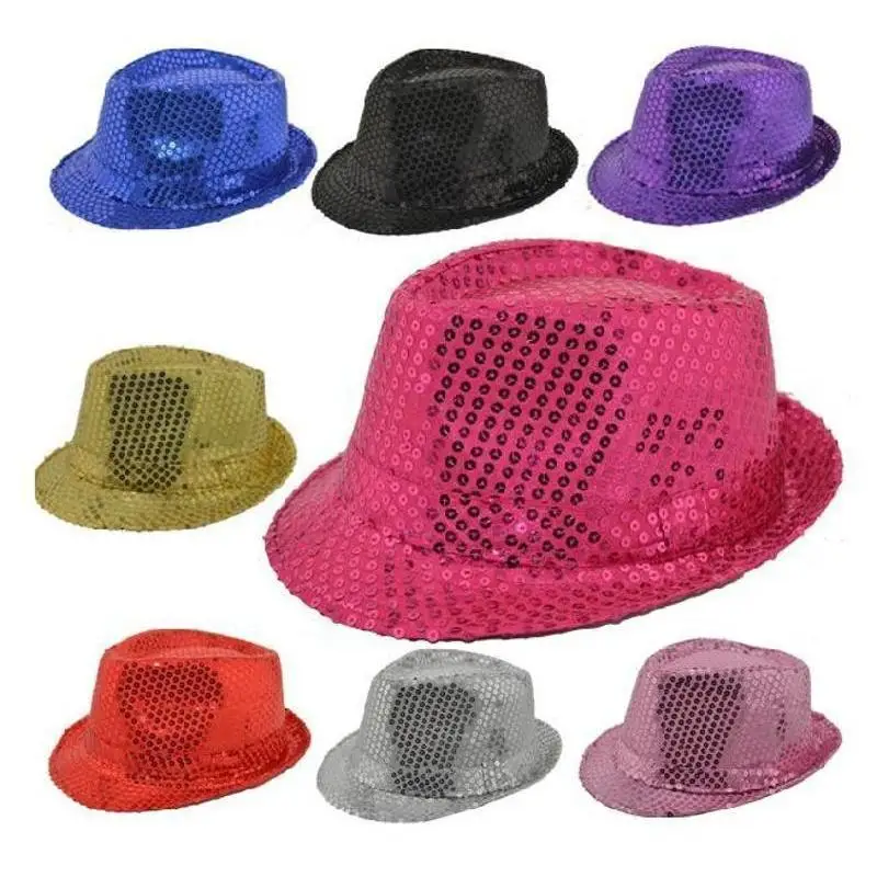 Cappello hip-hop con paillettes per spettacoli teatrali Cappello da jazz per spettacoli di danza per bambini Cappello a cilindro con paillettes per feste di festival per uomini e donne