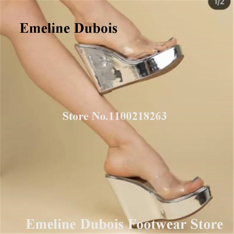 

Серебристые босоножки на танкетке Emeline Dubois: новейшие модели с прозрачными вставками из ПВХ, с открытым носком, на высокой платформе, сексуальные свадебные туфли на танкетке больших размеров