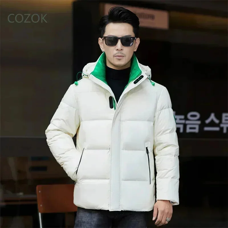 

COZOK Colorblock Plaid Short Down Jacket Removable Hat Duck Padding Designer Clothes Men 2025 Men's Winter Male Coat