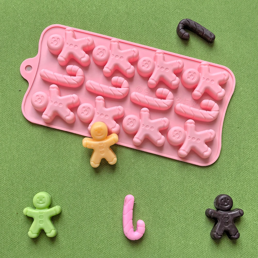 1pc 12 hole gingerbread man, cane shaped silicone mold, used for DIY candy, chocolate, cake decoration baking molds