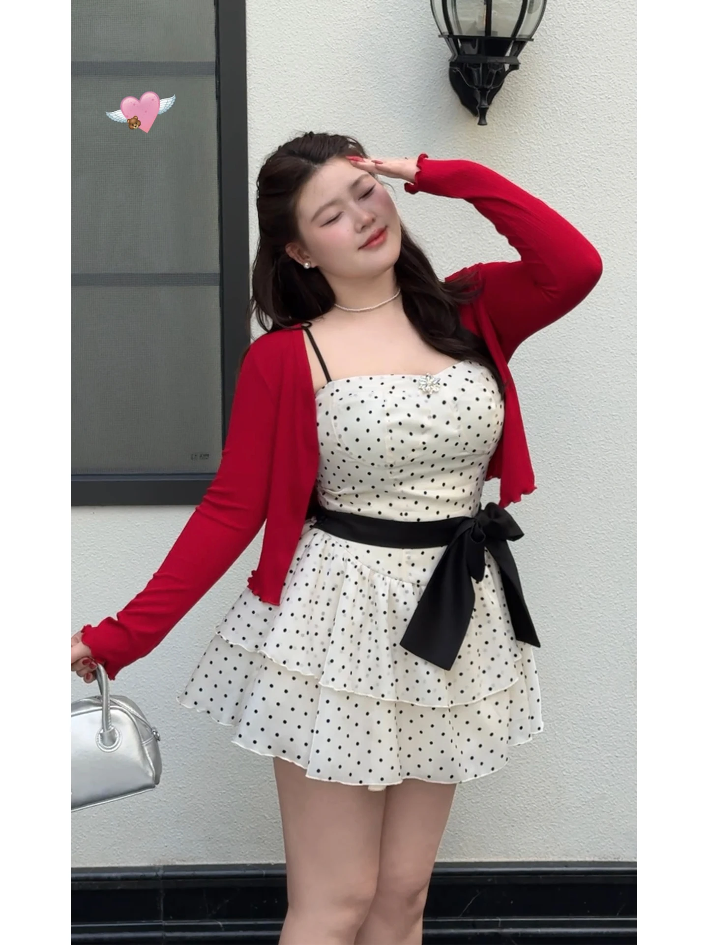 

DMcc Large Size Polka Dot Summer Spring Bell Sleeve Dress Sweet Heart Milk Tea Flavor Cake Skirt Style for Plump Women